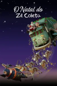 Papai Noel e um menino voam num caminhão de lixo natalino, puxado por renas, um urso e um guaxinim no céu estrelado.