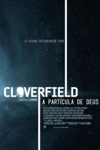 Pôster espacial escuro e estrelado. Uma silhueta humana flutua dentro de uma letra,olhando para uma luz circular. Clima misterioso de ficção científica.