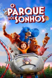 Uma garota alegre e seus amigos animais (urso,macaco,porco-espinho) em uma montanha-russa. Céu azul com fogos de artifício e um parque vibrante.