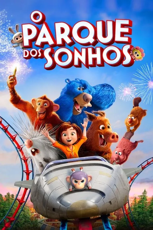 Uma garota alegre e seus amigos animais (urso,macaco,porco-espinho) em uma montanha-russa. Céu azul com fogos de artifício e um parque vibrante.