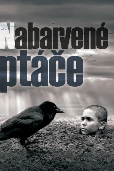 Um menino enterrado até o pescoço e um corvo em solo árido. Céu escuro com pássaros. Atmosfera sombria e desoladora.