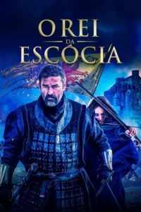 Pôster azul escuro: Homem barbudo e cicatrizado em armadura, ao lado de jovem arqueira. Bandeira com leão e castelo sob céu tempestuoso. Cena épica.