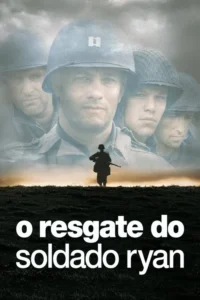 Pôster de guerra. Rostos de soldados sérios,incluindo um capitão,sobrepostos em céu nublado. Um soldado em silhueta caminha num campo ao pôr do sol.