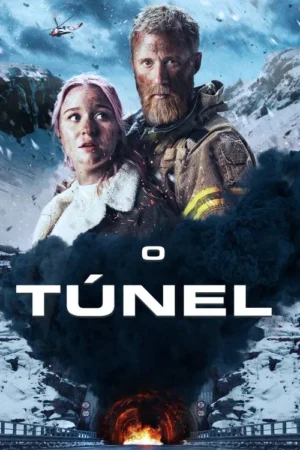 Homem barbudo e mulher sujos em montanhas nevadas. Helicóptero ao fundo. Fogo e fumaça escura saem de um túnel na estrada.