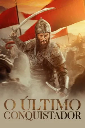 Guerreiro barbudo em armadura, com espada e adaga em batalha. Bandeiras vermelhas, sol alaranjado, clima épico.