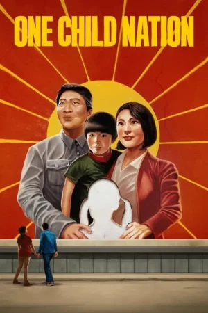 Pôster estilo propaganda. Família asiática olha para frente, segurando silhueta de criança ausente. Dois menores observam de longe.