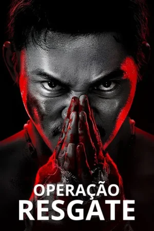 Close-up de homem de rosto raivoso e mãos unidas sujas de sangue. Pôster sombrio em preto, branco e vermelho.