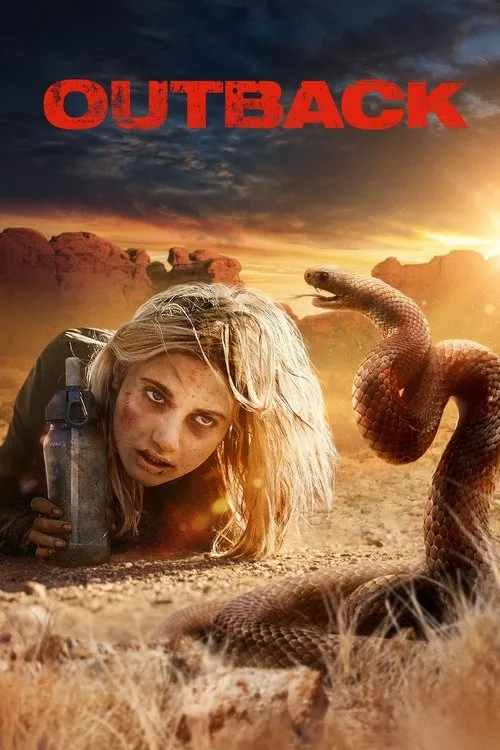 Outback 1 Jovem suja e exausta com garrafa,confronta uma cobra no deserto. Sol intenso e rochas. Cena de perigo e sobrevivência.