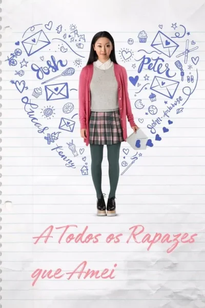 Jovem asiática de uniforme escolar rosa/xadrez, em uma página de caderno. Doodles azuis de corações e cartas formam um grande coração atrás dela. Clima romântico.