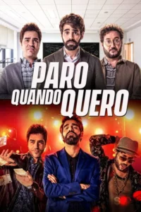 Pôster dividido:3 homens sérios em sala de aula (em cima) e os mesmos 3 com dinheiro em palco de show (embaixo). Contraste de estilos de vida.