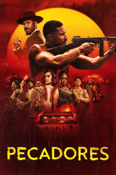 Homem musculoso com arma e outro de chapéu. Elenco vintage em frente a um sol flamejante e uma casa em chamas. Clima de ação e drama.