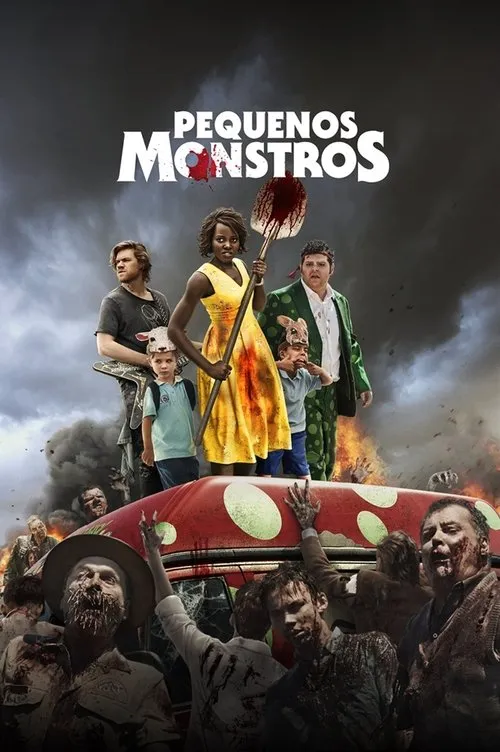 Mulher com pá ensanguentada,dois homens e crianças com chapéus de animais sobre carro,cercados por zumbis num cenário caótico e fumegante.