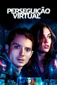 Pôster com homem e mulher assustados,rodeados por telas digitais e elementos futuristas azuis. Clima de suspense tecnológico.