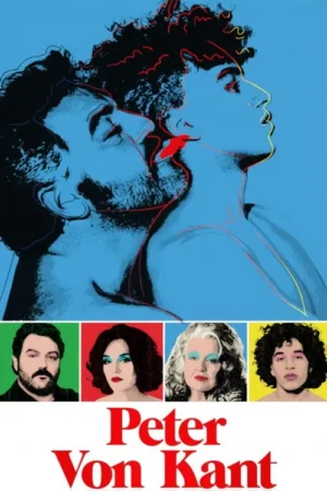 Pôster pop-art: dois homens em momento íntimo no topo azul. Abaixo, quatro retratos coloridos de personagens expressivos. Estilo vibrante.