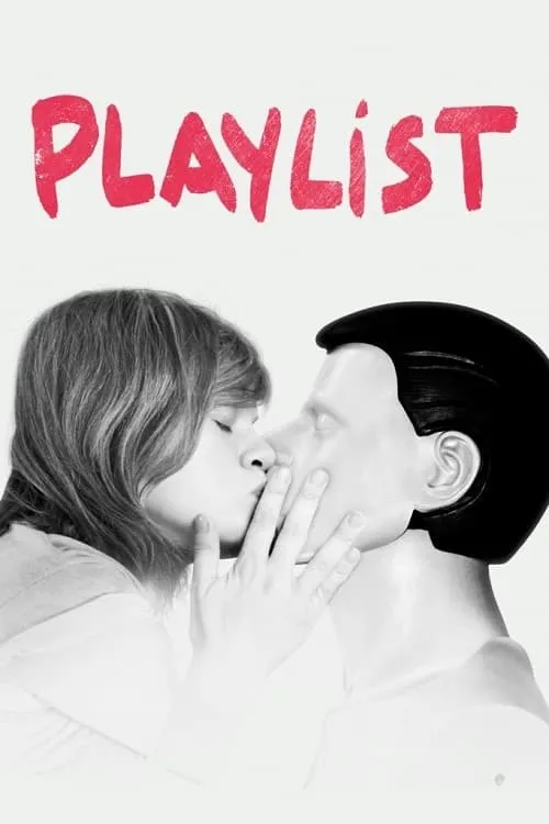 Playlist 1 Imagem monocromática de mulher de olhos fechados beijando homem com rosto liso. A mão dela está no rosto dele. Fundo branco,clima íntimo.