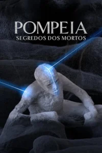 Pôster escuro com figura humana petrificada no chão. Raios azuis claros destacam a forma e rosto, sugerindo mistério e ciência.
