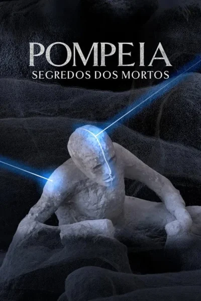 Pôster escuro com figura humana petrificada no chão. Raios azuis claros destacam a forma e rosto, sugerindo mistério e ciência.