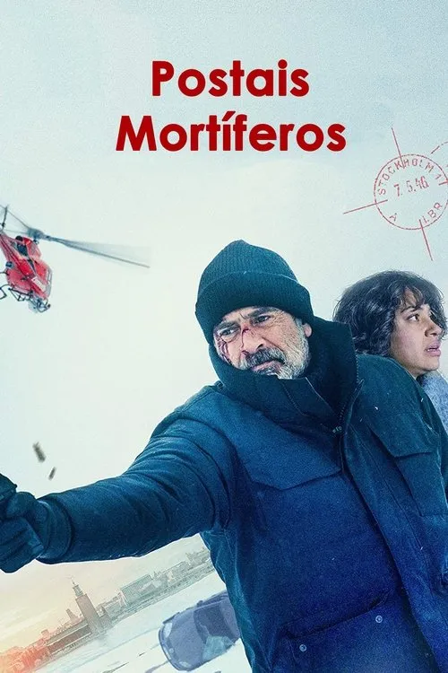 Homem barbudo ferido,mulher assustada. Perseguição na neve com helicóptero. Balas voam. Cena de ação e tensão em cidade fria.