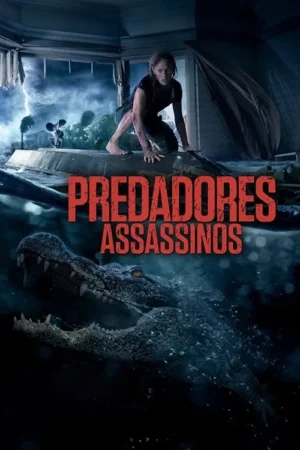 Mulher rasteja em escombros de casa inundada sob céu tempestuoso, enquanto um crocodilo gigante emerge da água escura abaixo.