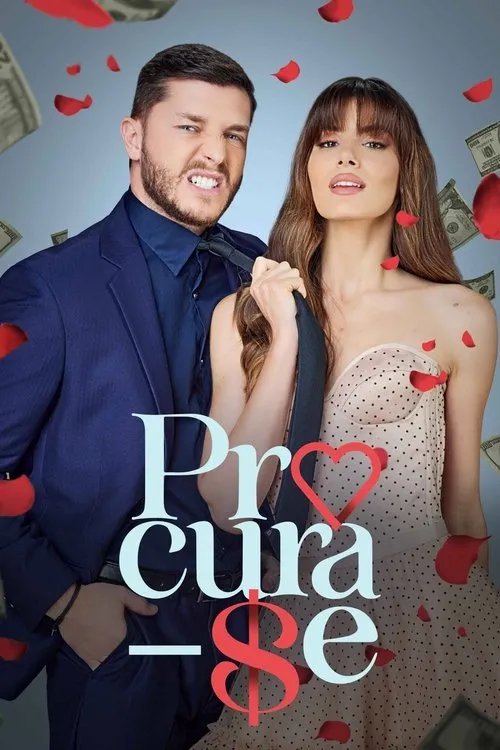 Casal em pôster azul. Homem de terno,expressão irritada,mulher confiante puxa gravata. Pétalas e notas de dinheiro caem.