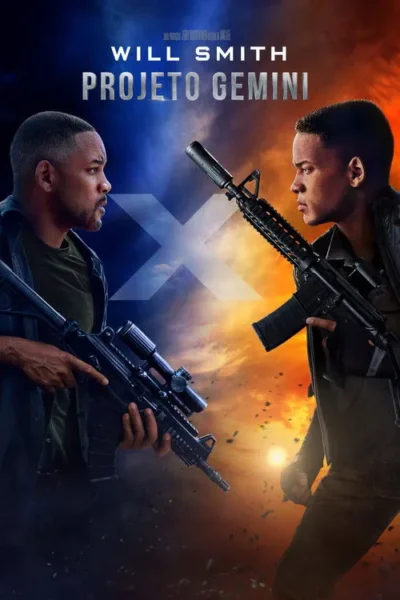 Dois homens, um maduro e outro jovem, ambos armados com fuzis, se encaram. Fundo dividido em azul e fogo, com um X. Clima de ação e conflito.