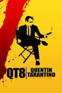 Silhueta preta de homem de terno, óculos escuros e gravata, sentado em cadeira, com pistola fumegante. Fundo amarelo e vermelho respingado.