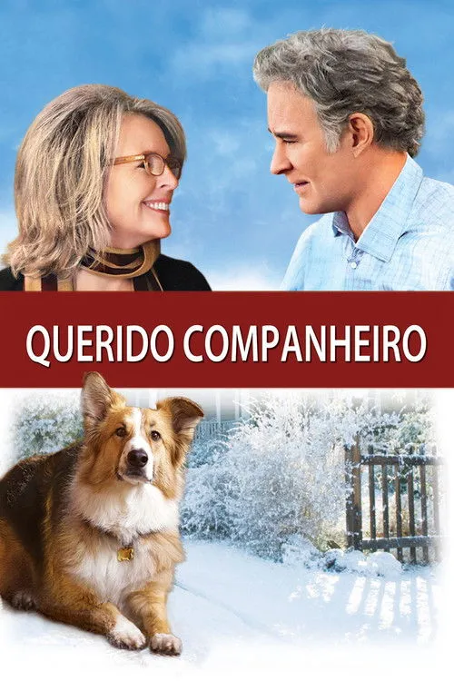 Querido Companheiro 1 Mulher de óculos sorri para um homem. Um cão peludo deita na neve em um cenário invernal. Clima de carinho.
