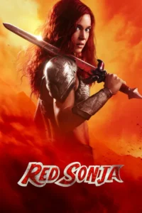 Mulher ruiva com armadura e espada,olhos azuis intensos,em um cenário ardente de tons laranja e vermelho.
