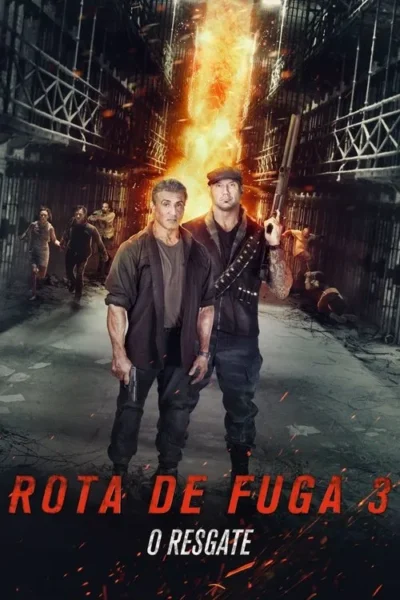 Dois homens armados em uma prisão escura, com fogo central e pessoas correndo. Clima de ação e fuga intensa.