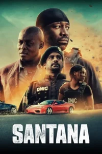 Grupo de 4 pessoas sérias:policiais táticos,homem de terno e outro com durag. Carro esportivo vermelho em fundo desértico e dramático de ação.