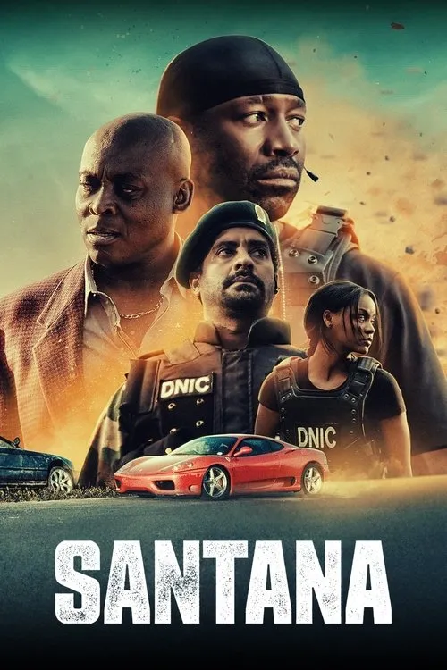 Santana 1 Grupo de 4 pessoas sérias:policiais táticos,homem de terno e outro com durag. Carro esportivo vermelho em fundo desértico e dramático de ação.