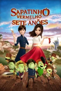 Cartaz animado com jovem casal e sete criaturas verdes. A mulher segura um sapato vermelho e o homem, um item mágico. Castelo e natureza ao fundo.