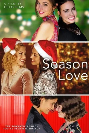 Pôster com três painéis mostrando casais de mulheres sorrindo em ambientes festivos e românticos com luzes de Natal.