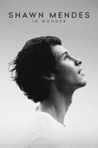 Pôster em preto e branco. Jovem homem de perfil olhando para cima, com cabelo escuro e ondulado. Fundo claro e minimalista.