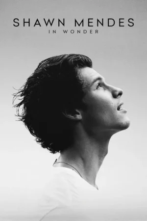 Pôster em preto e branco. Jovem homem de perfil olhando para cima, com cabelo escuro e ondulado. Fundo claro e minimalista.