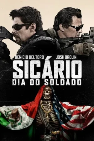 Dois homens táticos armados com óculos escuros. Abaixo, um esqueleto com joias, cinto de balas e bandeiras do México e EUA. Tom sombrio.