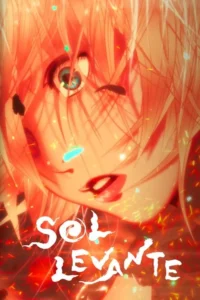 Close-up de anime girl com cabelo loiro, um olho turquesa penetrante e lábios vermelhos. Fundo ardente com faíscas vibrantes. Clima intenso.