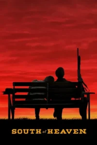 Silhuetas de duas pessoas num banco,um encostado no outro,sob um céu vermelho intenso. Uma arma está ao lado. Clima romântico e sombrio.