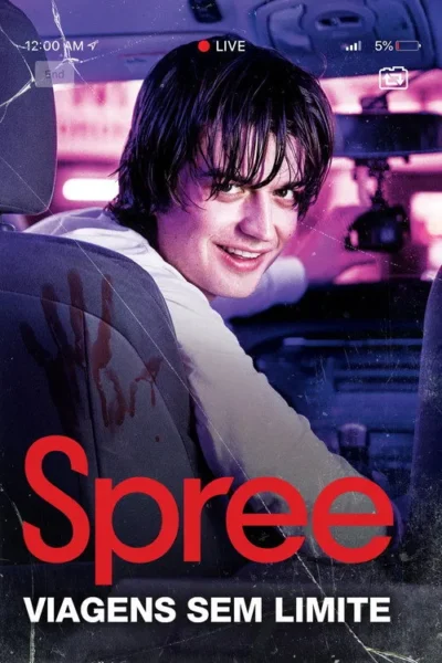 Jovem sorri sinistramente num carro. Há uma mão ensanguentada no banco e a imagem simula uma tela de celular quebrada com LIVE.