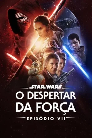 Pôster sci-fi: Rey, Finn, Han Solo, Leia e BB-8. Kylo Ren com sabre vermelho contra luzes azuis. Clima épico espacial.