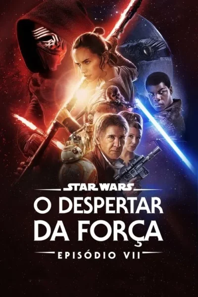 Pôster sci-fi: Rey, Finn, Han Solo, Leia e BB-8. Kylo Ren com sabre vermelho contra luzes azuis. Clima épico espacial.