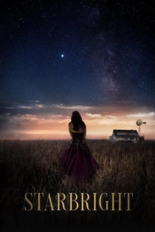 Mulher de vestido roxo de costas num vasto campo,olhando um céu estrelado. Horizonte alaranjado,casa e moinho distantes.