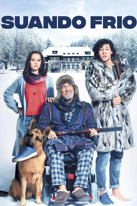 Suando Frio 1 Três pessoas e um cão numa paisagem nevada. Mulher séria,homem em cadeira de rodas com rifle,e outro em casaco de pele descalço. Uma casa ao fundo. Clima invernal e cômico.