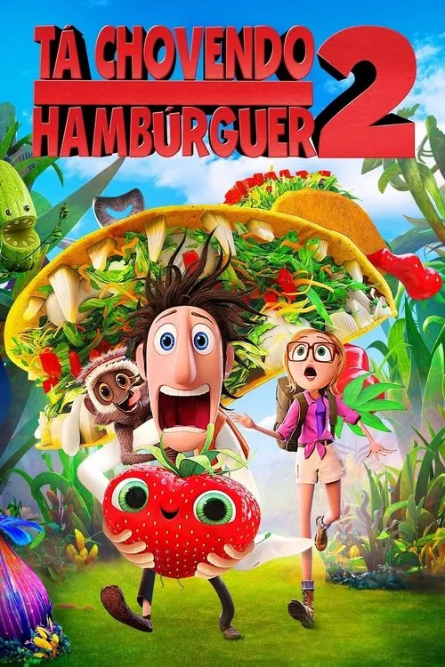 Cientista chocado,mulher assustada e macaco feliz numa selva de comida falante (tacos com dentes,pepino-crocodilo). Um morango sorridente.
