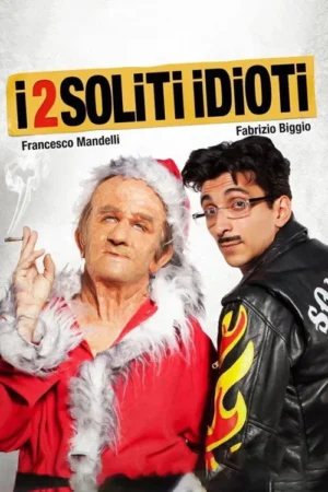 Um Papai Noel desgrenhado fumando olha para cima ao lado de um homem de óculos, bigode e jaqueta de couro com chamas, olhando para frente. Clima cômico.
