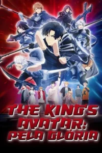 Pôster anime:heróis em batalha com armas contra fundo vermelho e azul. Abaixo,personagens em roupas casuais. Clima épico e moderno.