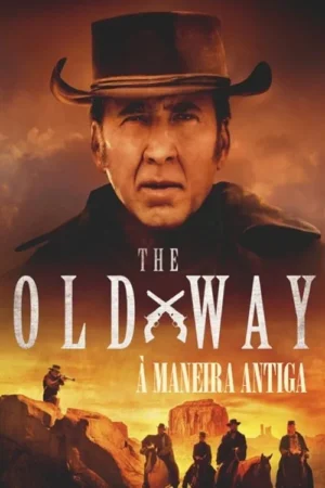 Pôster ocidental. Rosto de homem de chapéu, olhar intenso. Deserto rochoso abaixo, com cowboys a cavalo e um atirador. Clima sério.