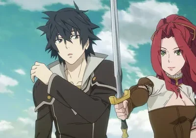 Homem cabelo escuro olha surpreso, mulher ruiva segura espada sorrindo confiante. Céu claro ao fundo. Clima de fantasia e aventura.