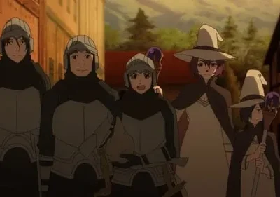 Cinco personagens de anime, três em armadura e capacete, dois com chapéu de bruxa e cajado. Estão numa rua de vila medieval.