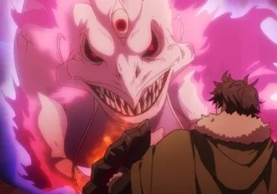 Um homem de capa confronta um monstro branco de três olhos e dentes afiados, rodeado por chamas rosa e roxas intensas.